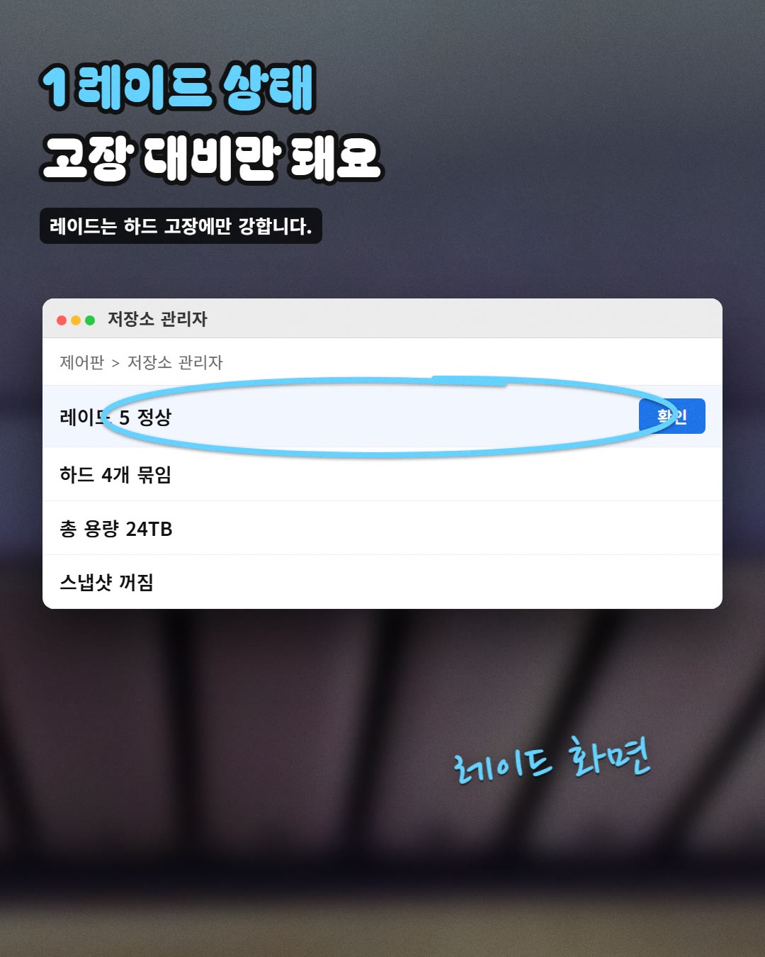 1 레이드 상태 고장 대비만 돼요